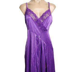 Vintage Undercover Wear Long Purple Nylon and Lace Night Gown Side Slit